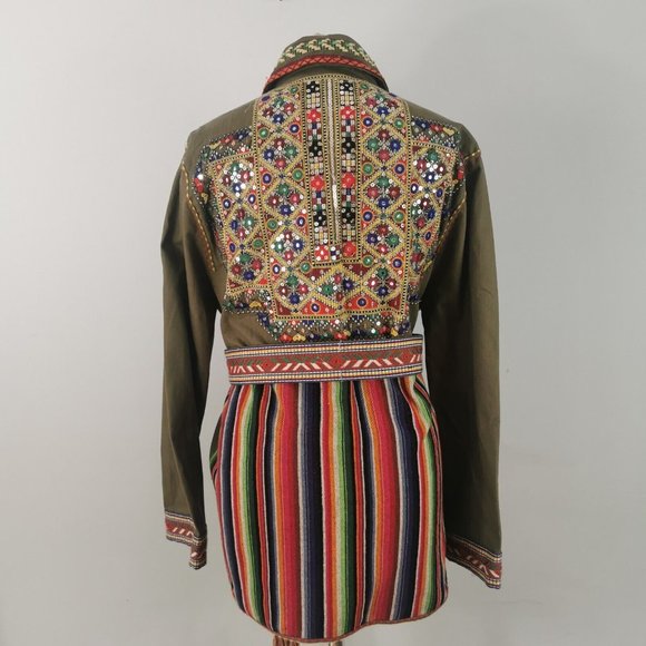 ZARA Green Mirrored Embroidered Tie Waist Boho Ethnic Jacket Small Fits 12 14 - Picture 7 of 9